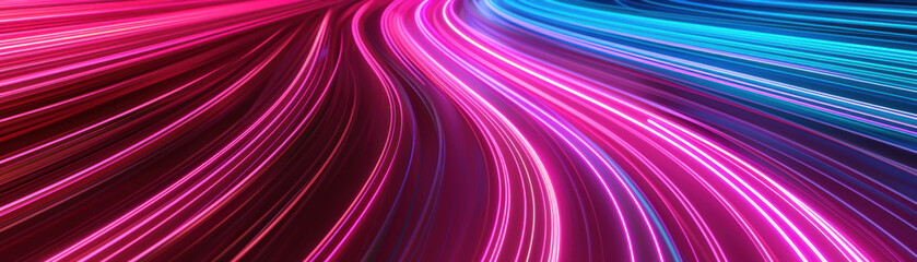 Poster - Vibrant neon light trails in motion, creating a dynamic blend of pink and blue hues. Perfect for tech, futuristic themes, and creative backdrops.