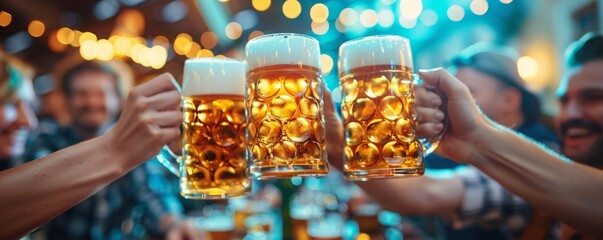 Wall Mural - Group of people in lederhosen and dirndls raising their beer steins in a cheerful toast, celebrating Oktoberfest traditions.