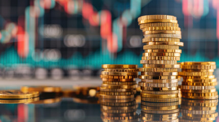 Poster - stacks of golden coins stand prominently in front of a blurred financial graph, symbolizing wealth, 