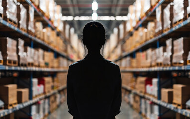 Poster - Silhouette of a person standing in a large warehouse aisle, surrounded by shelves filled with boxes and packages.
