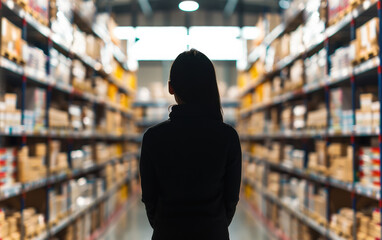 Poster - Person standing in warehouse aisle surrounded by shelves stacked with boxes and goods, reflecting inventory management and logistic operations
