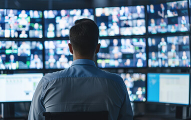 Poster - Man monitoring multiple screens in a control room, showcasing technology, surveillance, and data analysis in a high-tech environment.