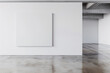© tonstock - Modern, minimalistic empty art gallery with a single blank white canvas on a wall, polished concrete floors, and industrial ceiling.
