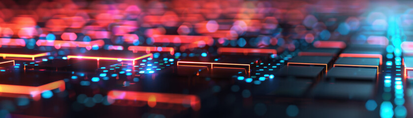 Poster - A vibrant digital landscape with glowing neon lights and abstract geometric patterns, representing futuristic technology and innovation.