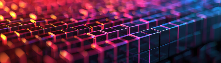 Poster - Abstract   of colorful, illuminated cubes in a pattern, creating a futuristic and vibrant geometric background. Perfect for tech and design themes.