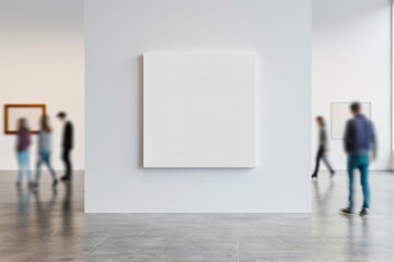 Poster - Modern art gallery with abstract artworks on white walls and blurred visitors walking by, showcasing a minimalistic and contemporary exhibition space.