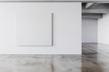 Modern, minimalistic empty art gallery with a single blank white canvas on a wall, polished concrete floors, and industrial ceiling.