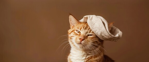 Wall Mural - Funny red cat with a napkin on his head on a brown background.