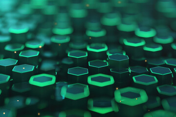 Poster - Close-up of glowing hexagonal  shapes arranged in a grid pattern, creating an abstract, futuristic and neon green digital landscape.