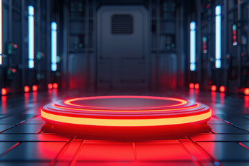 Poster - Futuristic glowing red platform in a dark, high-tech environment with vibrant blue and red lighting, ideal for sci-fi, technology, or virtual reality themes.