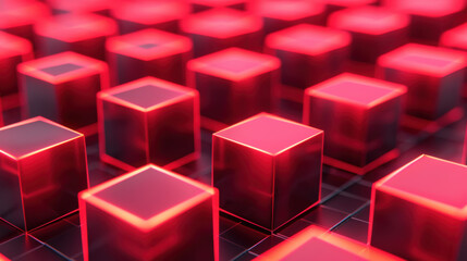 Poster - Glowing red glass cubes arranged in a grid pattern on a reflective surface, creating a futuristic and abstract aesthetic with vibrant lighting.