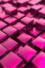 Poster - Close-up of vibrant pink metallic cubes reflecting light, forming a geometric and abstract pattern, suitable for backgrounds and design projects.