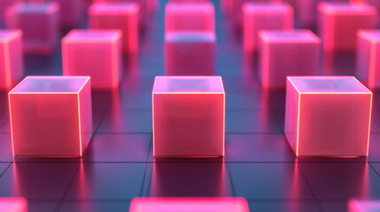 Futuristic glowing cubes with neon lights on a reflective surface, showcasing technology, design, and modernity.