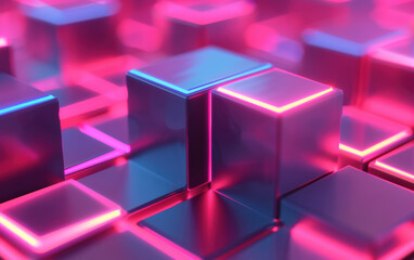 Poster - Vibrant   of glowing neon cubes with reflective surfaces and soft focus background. Perfect for tech, digital art, and futuristic themes.