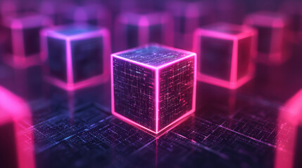 Poster - Futuristic glowing neon cubes representing blockchain technology, artificial intelligence, and digital innovation in a virtual reality space.