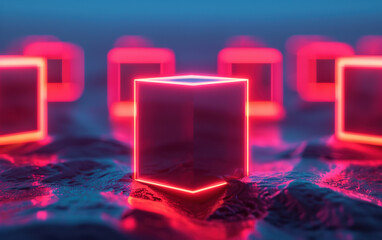 Poster - Futuristic glowing neon cubes arranged in a grid, illuminating a reflective surface with vibrant colors, creating a modern and tech-inspired visual.
