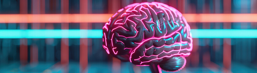 Poster - Futuristic representation of a human brain with neon lights and a digital background, showcasing technology and neuroscience concepts.