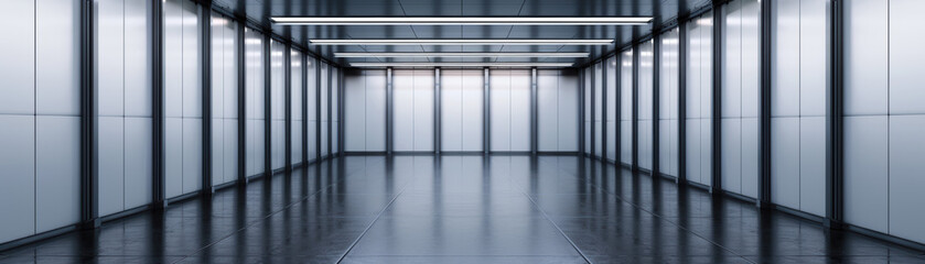 Poster - modern, empty corridor with sleek metal and glass design, illuminated by bright lights creating a fu
