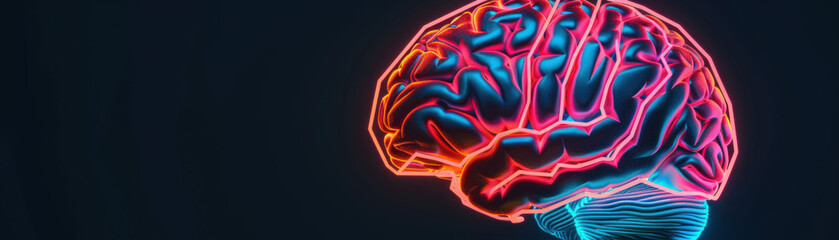 Poster - Futuristic glowing neon brain illustration on dark background, showcasing the inner complexities and electrical activity of the human brain.
