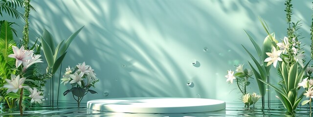Poster - 3D rendering, a white circular podium on the water surface surrounded by tropical plants and flowers, a pastel green background