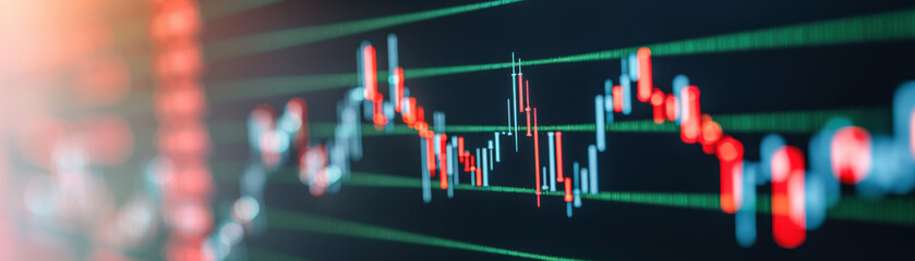 Poster - Abstract financial chart with glowing indicators and fluctuating lines on a dark background representing stock market trends and data analysis.