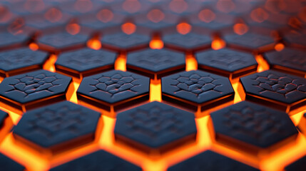 Poster - Abstract close-up of glowing hexagonal patterns with a futuristic design. Bright orange and black create a striking contrast. Ideal for technology concepts.