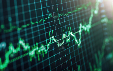 Poster - Close-up of a financial stock market graph showing data trends and analysis. The green lines and digital interface highlight market fluctuations and performance.