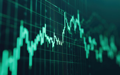 Poster - close-up of a digital financial chart with green lines and bars displaying stock market trends and d