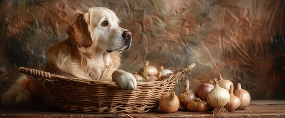 Wall Mural - Golden retriever with willow basket with onions and garlics.