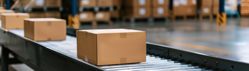 Poster - Cardboard boxes on a conveyor belt in a modern warehouse, showcasing the packaging and distribution process in an industrial setting.