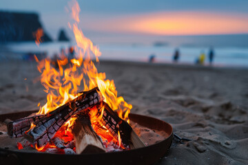 A cozy bonfire on a sandy beach at sunset, with people in the background enjoying the serene evening atmosphere, waves crashing softly in the distance.