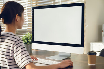Aufkleber - Businesswoman using computer and hand type on the keyboard, Mockup screen of advertisement.