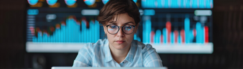 Poster - Focused professional woman analyzing financial data on a computer screen with charts and graphs in the background. Concept of technology and finance.