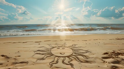 Wall Mural - Drawing of a sun in the sand of a beach, summer vacations travel panoramic background and web banner with copy space. 