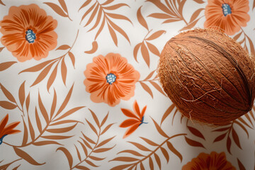 Coconut, popular indian fruit, on indian motif background