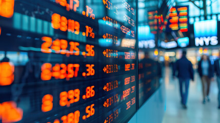 Poster - Blurred image of people walking in front of stock market ticker board with red numbers and financial data, representing global business activity.