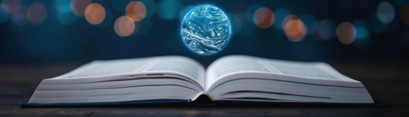 Wall Mural - open book with a glowing orb hovering above, symbolizing knowledge, magic, and mystery. blurred ligh