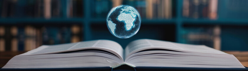 Poster - Open book with a floating digital globe, representing global knowledge, education, and technology in a library setting.