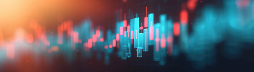 Poster - Abstract futuristic financial data chart with glowing blue and red bars on a dark background, representing market trends and stock analysis.