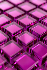 Poster - Close-up of abstract transparent purple cubes arranged in rows, creating a geometric and futuristic design with a vibrant visual effect.