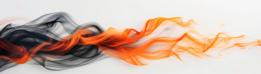 Poster - Abstract waves of black and orange smoke create a dynamic and artistic composition against a clean white background, evoking a sense of fluid motion.