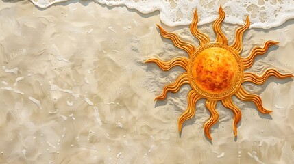 Wall Mural - Drawing of a sun in the sand of a beach, summer vacations travel panoramic background and web banner with copy space. 