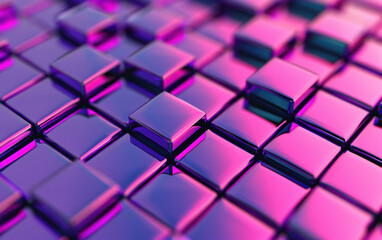 Abstract  illustration of metallic, purple, and pink cubes reflecting light, creating a futuristic and modern geometric pattern.