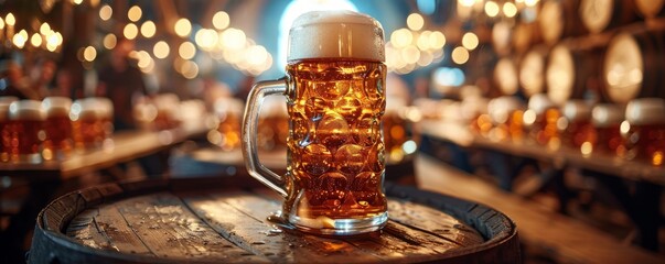 Wall Mural - Wooden barrel with a brass tap dispensing frothy beer into steins, surrounded by Oktoberfest festival-goers.