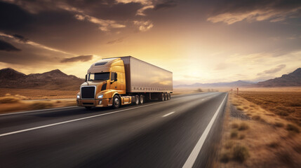 Big truck on the highway at sunset pulling load. Semi truck transporting commercial cargo in semi trailer.