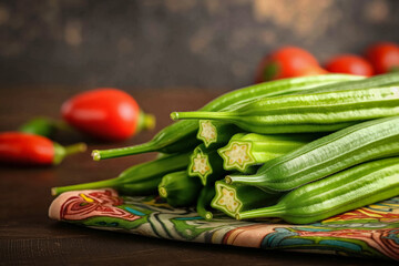 Poster - Okra or bhindi, popular indian fruit, on indian motif background