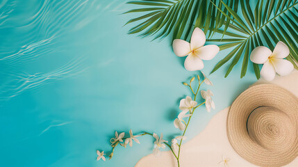 Poster - Hat and palm tree leaves on blue water background. Vacation concept