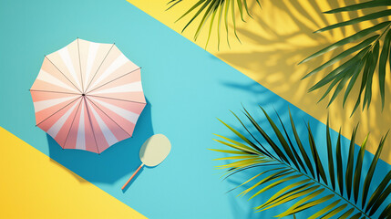 Yellow and blue background with beach umbrella and palm leaves, top view