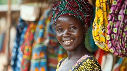 A young African woman wearing a colorful headscarf smiles at the camera.