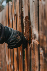 Close-up shot of a person painting a wooden fence with brown paint.